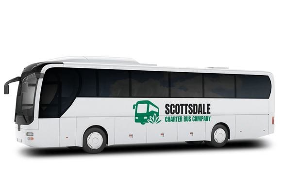 a plain white charter bus with a Scottsdale Charter Bus Company logo